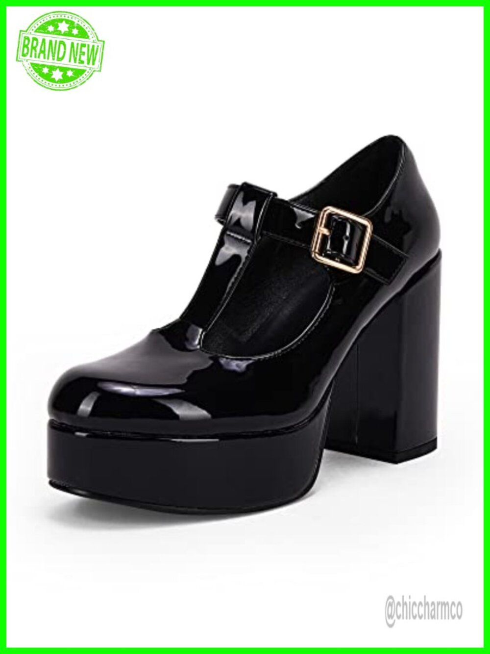T-Strap Round Toe Chunky Platform Heels Patent Mary Jane Dress Shoes